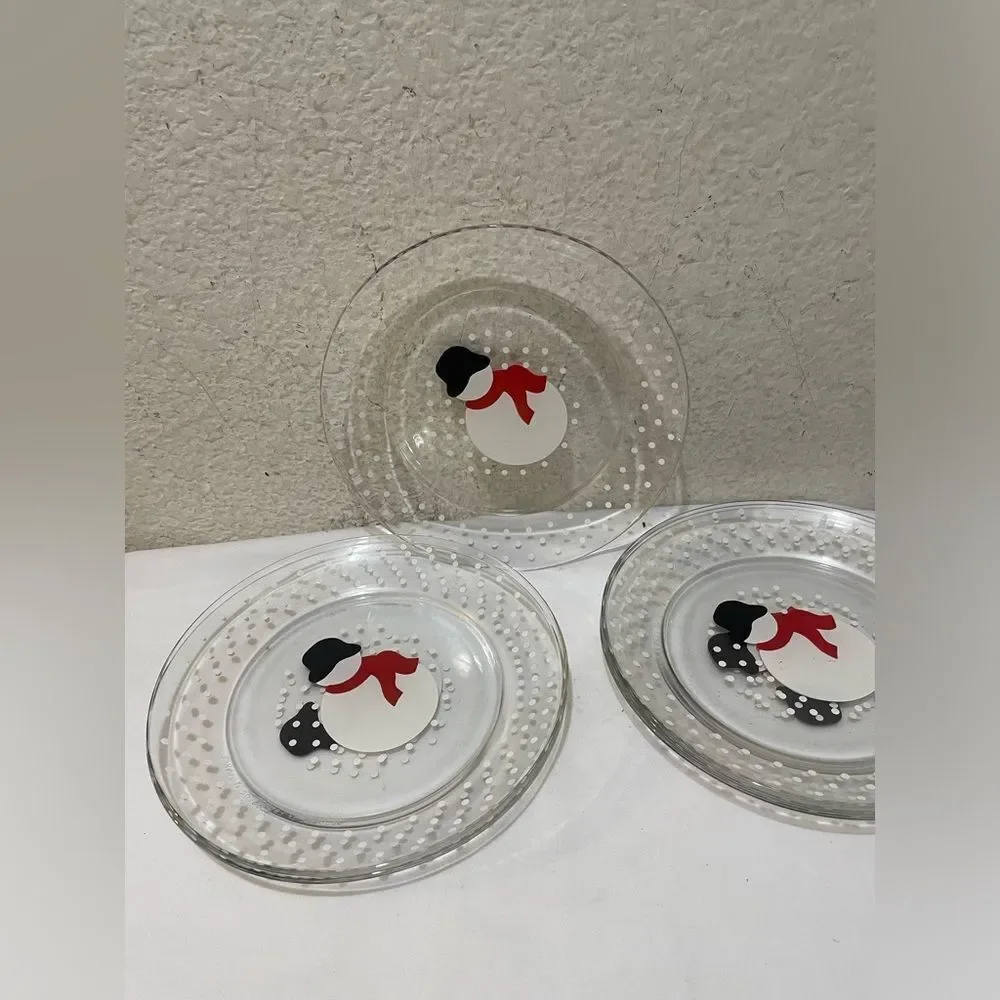 Set of 6 VGC ARCOROC made in France Glass Snowman Salad Dessert Plate 8” G19